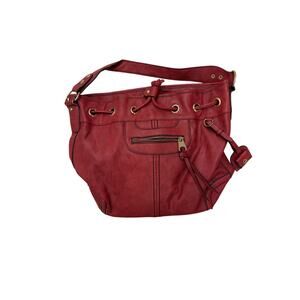 Stylish tomato red quick pull drawstring bucket hand bag vinyl